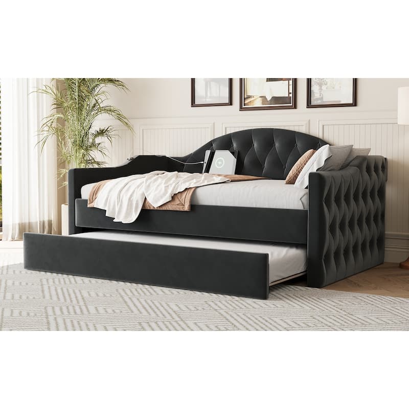 Tufted Upholstered Frame Daybed Velvet Sofa Bed with USB and Type-C Charging Ports, Twin Platform Low Profile Bed with Trundle