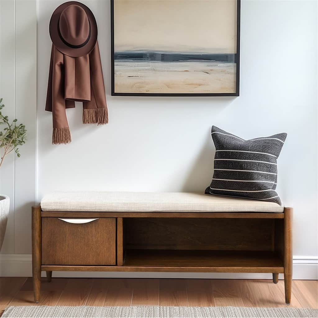 Modern Storage Accent Bench with Metal Hanlde and Upholstered Cushion,Mid-century Wood Bench with 1 Drawer and Open Shelf