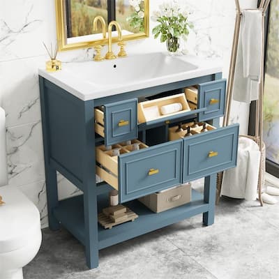 30'' Bathroom Vanity with/without Resin Sink, Freestanding Bathroom Vanity Cabinet with 5 Drawers & Open Shelf, Solid Wood Frame