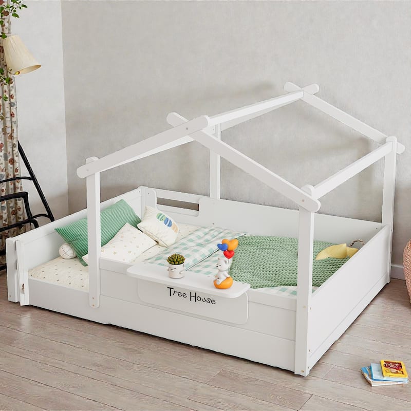 Kids House Floor Bed with Guardrails and Roof, Built-in Tray and Signboard, Montessori Floor Bed for Toddlers