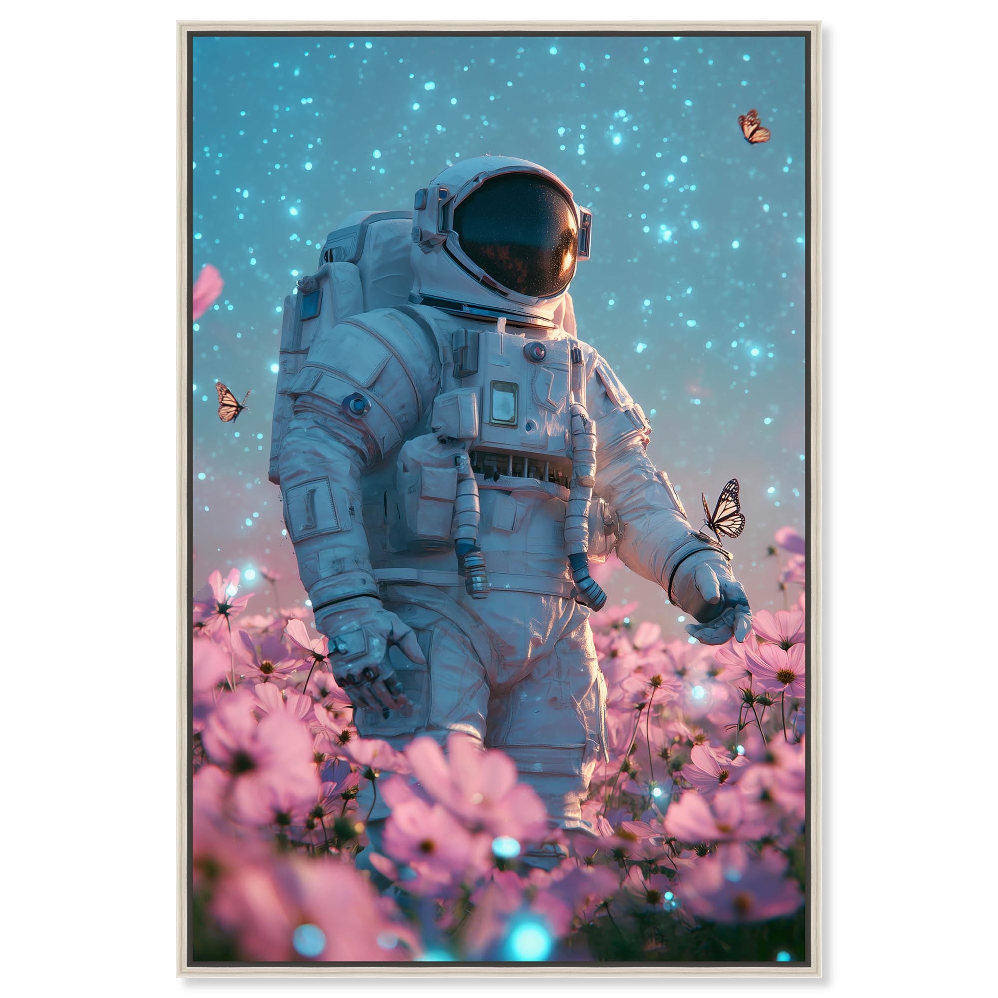 Among the Space Flowers Retro Decor Framed Canvas Print by Notoriart