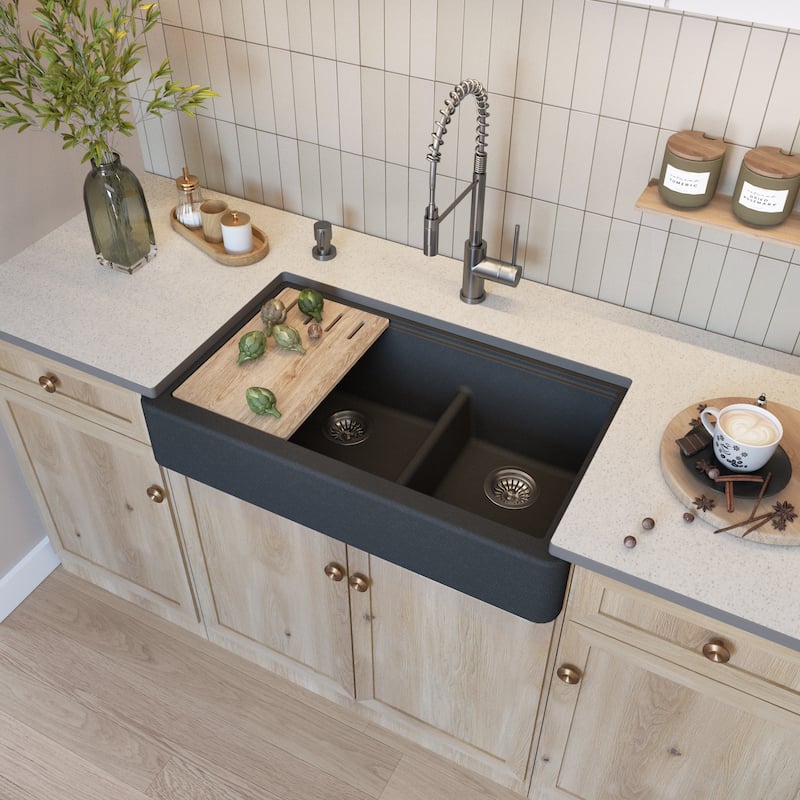 36" Granite Short-Apron Double-Bowl Farmhouse Kitchen Sink - Black