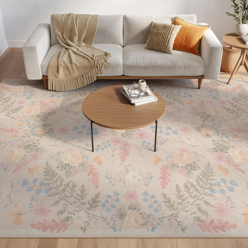 Nourison Botanical Washables Indoor only Floral Patterned Area Rug - Beige/Multicolor - 4' x 6'