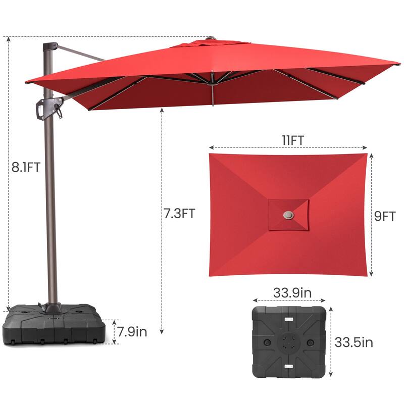 Outdoor 11 x 9 FT Patio 360 Degree Rotation Cantilever Umbrella with Base