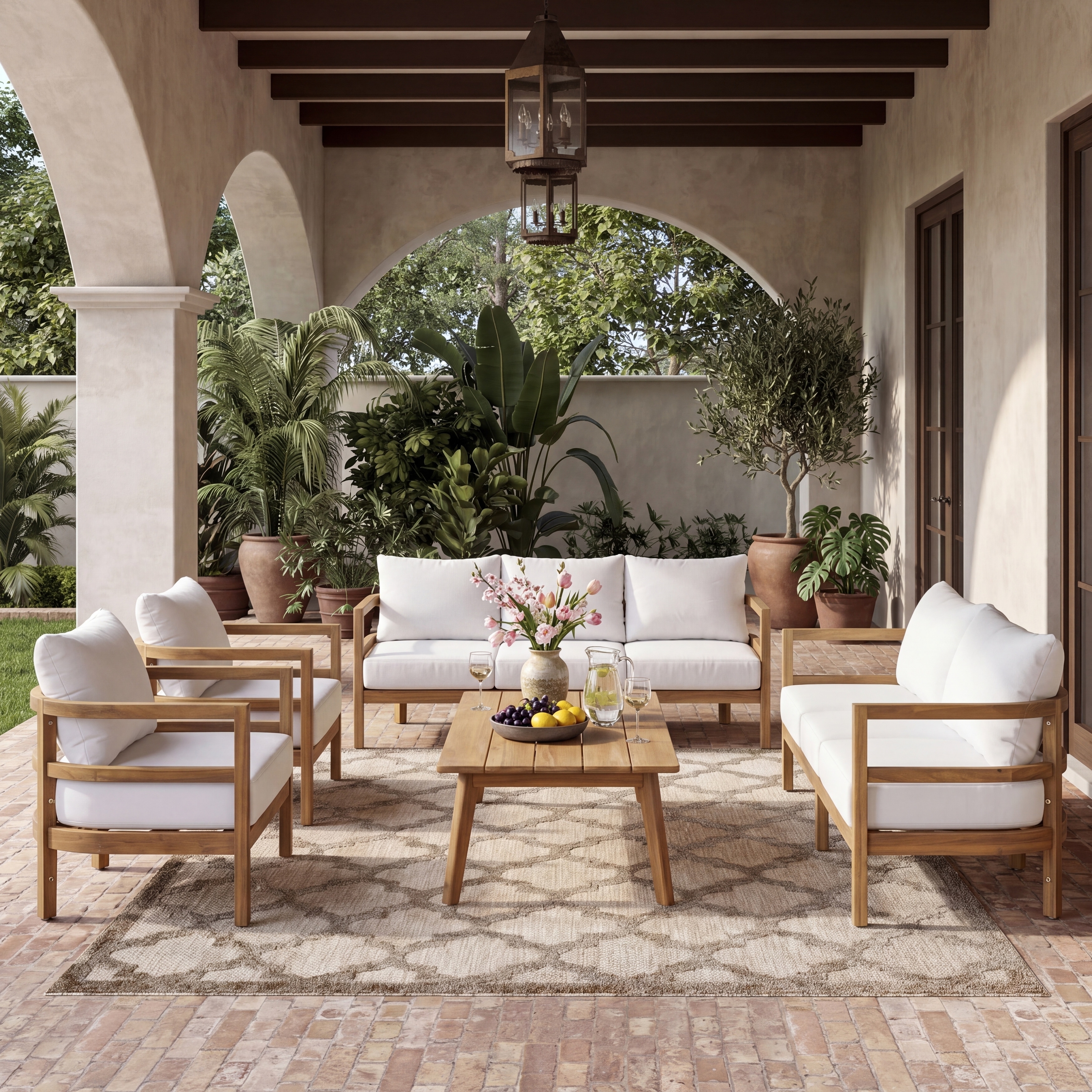 Christopher Knight Home - Modern Outdoor 5-Piece Patio Conversation Set, Acacia Wood with Cushions & Coffee Table