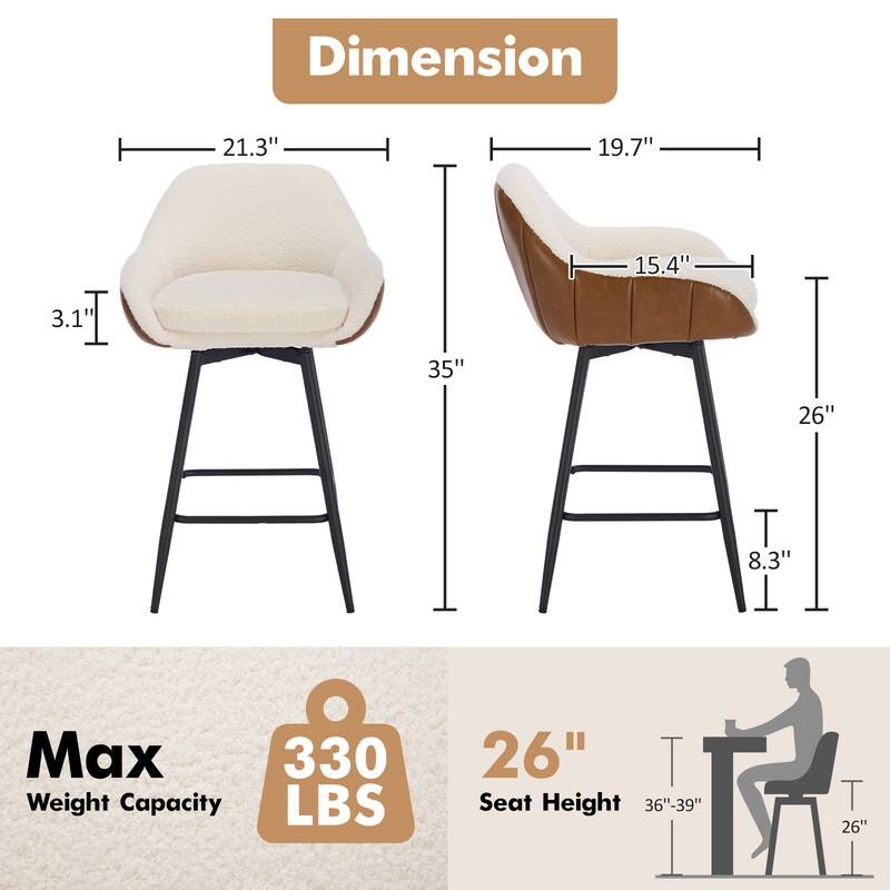 26" Counter Height Swivel Bar Stools, Upholstered Sherpa Barstools with Back for Kitchen Island
