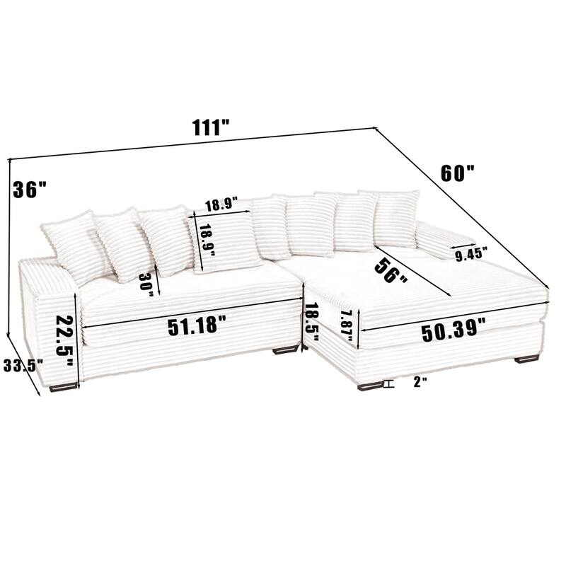 Oversized Two-Piece Couches, L Shaped Sofa, Corduroy, Right Chaise Daybed,with Armrests,Eight Throw Pillows,Corner Sofa