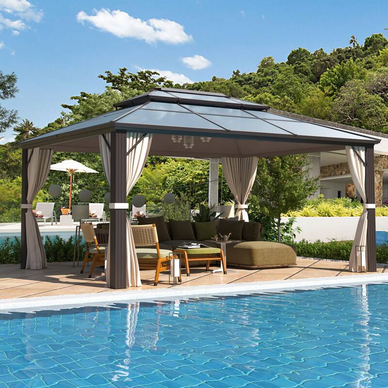 Outdoor Hardtop Gazebo for patio,Polyester Double Roof Canopy, Permanent Pavilion with Aluminum Frame,Curtains & Netting