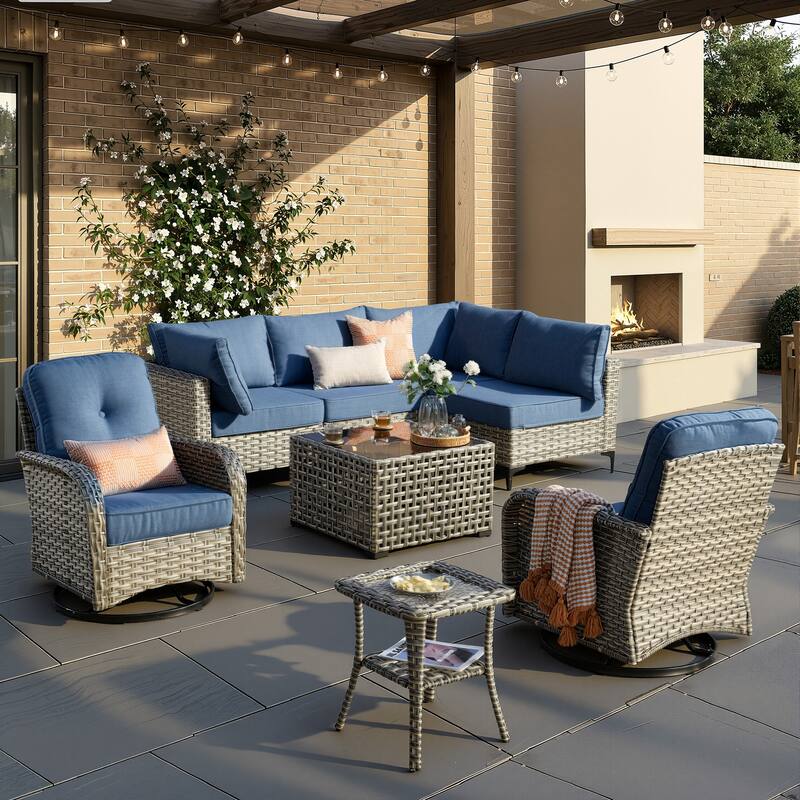 XIZZI 8-Piece Outdoor Wicker Furniture Sectional Swivel Chairs Set - Denim Blue