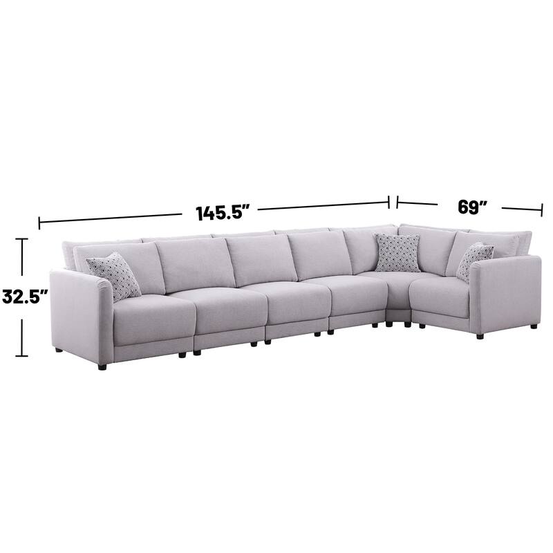 6 Piece Modular Sectional Sofa with 3 Pillows in Light Gray