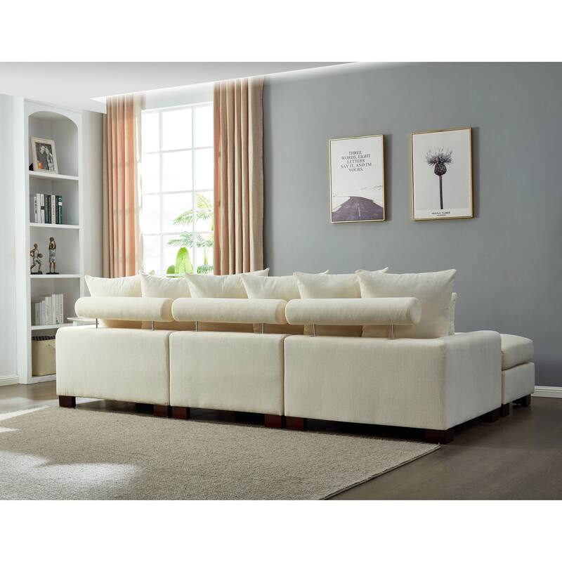 5 Seater Convertible L & U Shaped Corduroy Sofa, Beige, 116x65x35 inches, 253 pounds