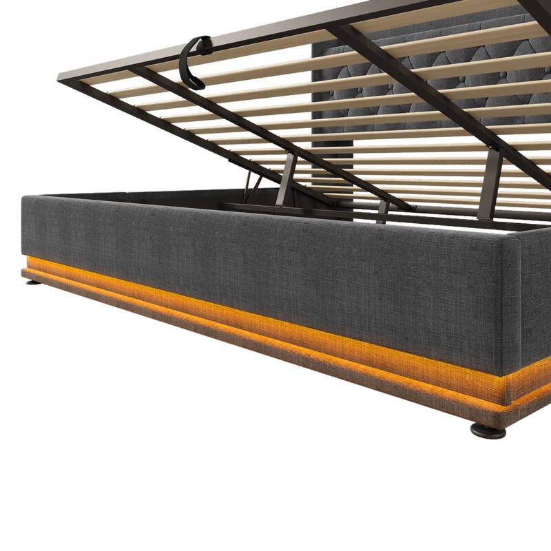 King Size Platform Bed Underbed Storage Bed with Wingback Tufted Headboard, USB and 360 Surround LED Strip, Linen Upholstered
