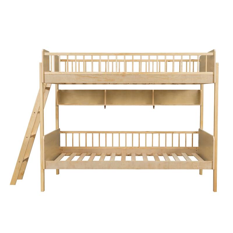 Twin Over Twin Wood Bunk Bed with 3 Storage Shelves, Reversible Ladder