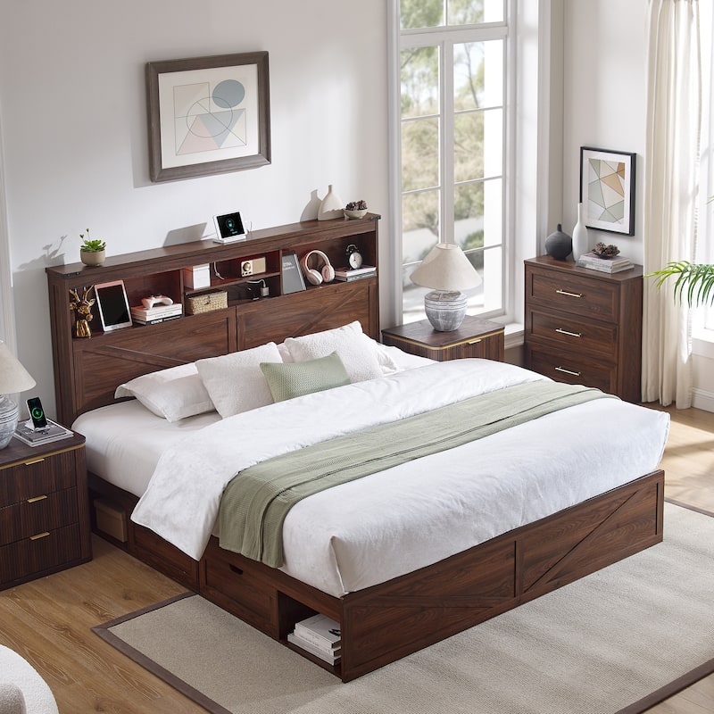 Farmhouse King Size Wood Bed Frame with Storage Headboard and Drawers