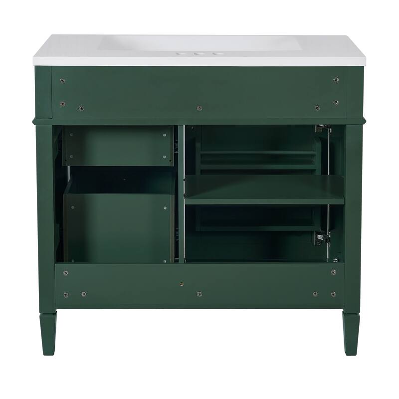 Freestanding Bathroom Vanity & Wall Mounted Mirror Cabinet Set with Resin Sink, Open Shelves, Drawers and Adjustable Shelves
