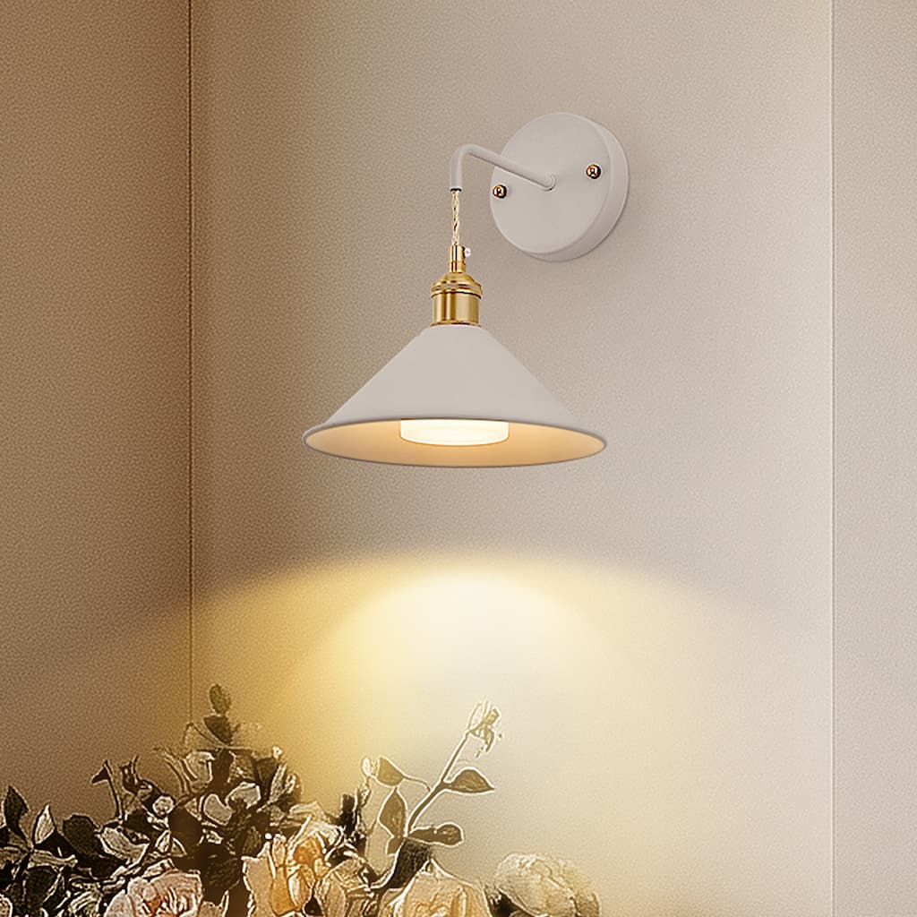 White Wall Sconces Set of 2 with Cone Shade, E26 Rechargeable Light, Battery Operated, Remote Control - 8.85*8.85*11.4