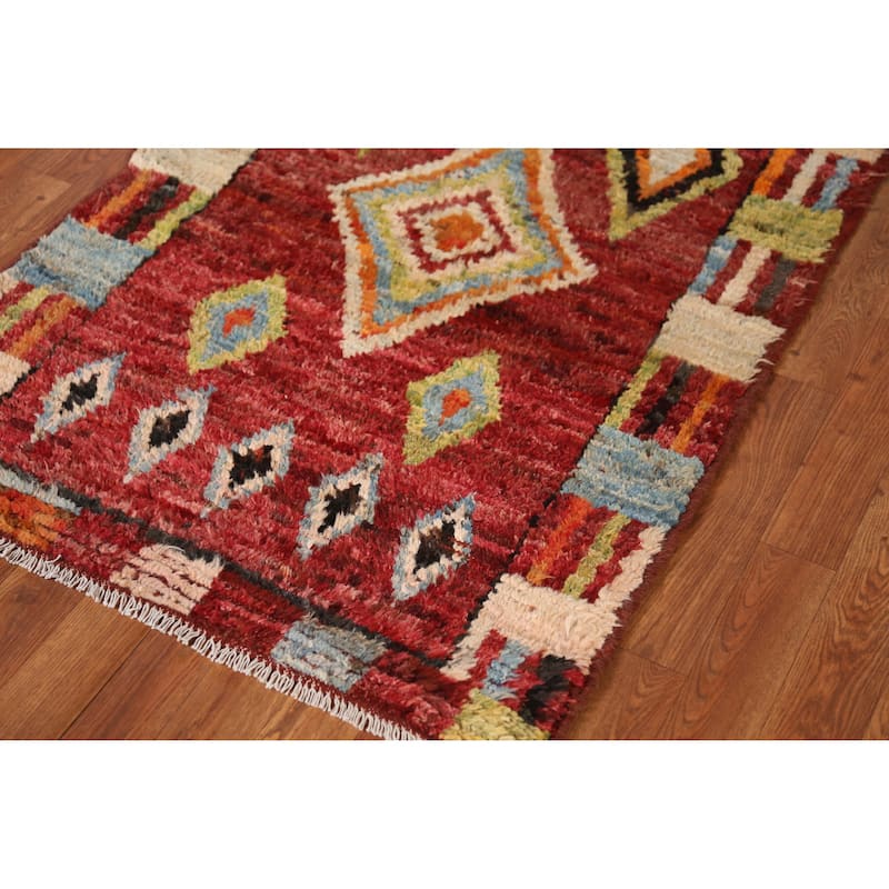 Geometric Red Moroccan Oriental Runner Rug Handmade Wool Carpet - 2'11" x 9'9"
