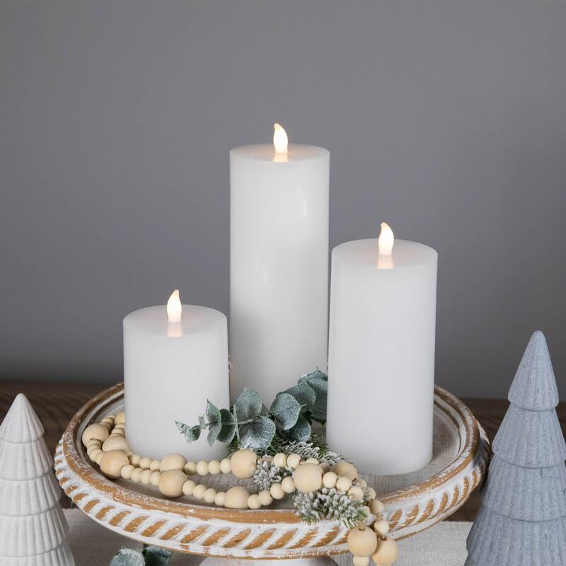 LED Solid Flameless Flickering Wax Pillar Candles - 8" - White - Set of 3