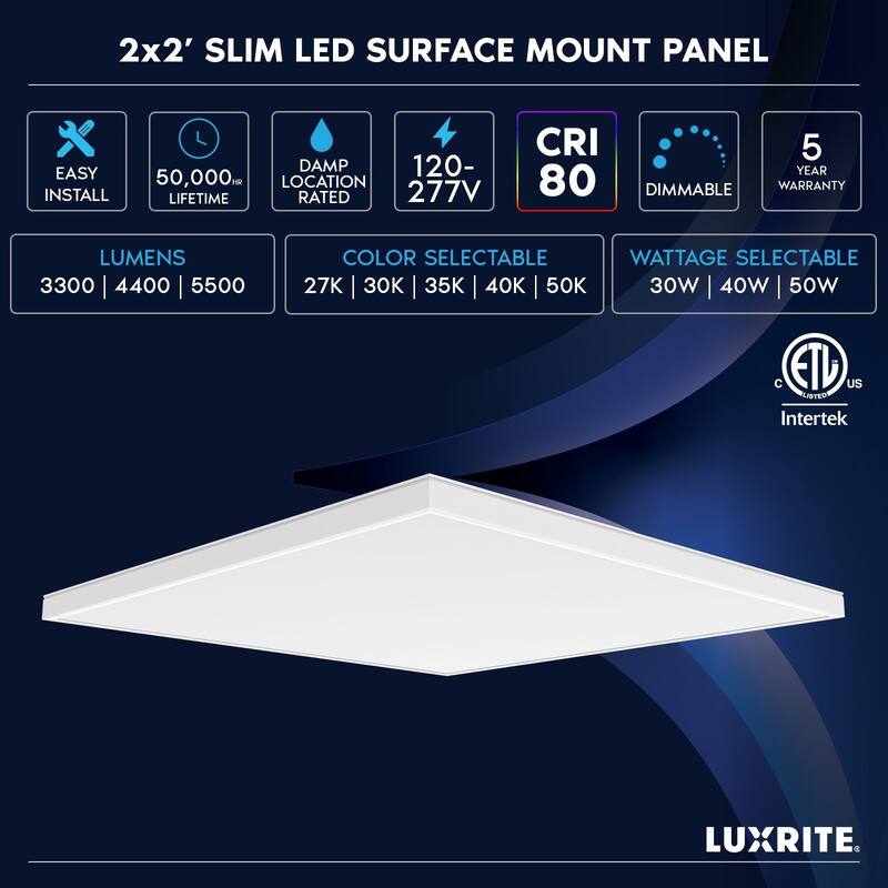 LUXRITE 2x2 FT.Slim Surface Mount Panel Light 5CCT Dimmable 3300/4400/5500 Lumens 30/40/50W Edge Lit 2 Pack