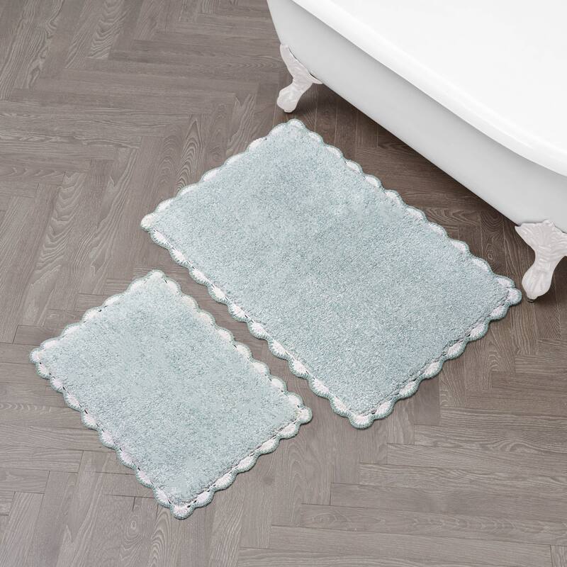 Laura Ashley Heathered Crochet Border Bath Rug - 17" x 24" / 20" x 32" - Aqua