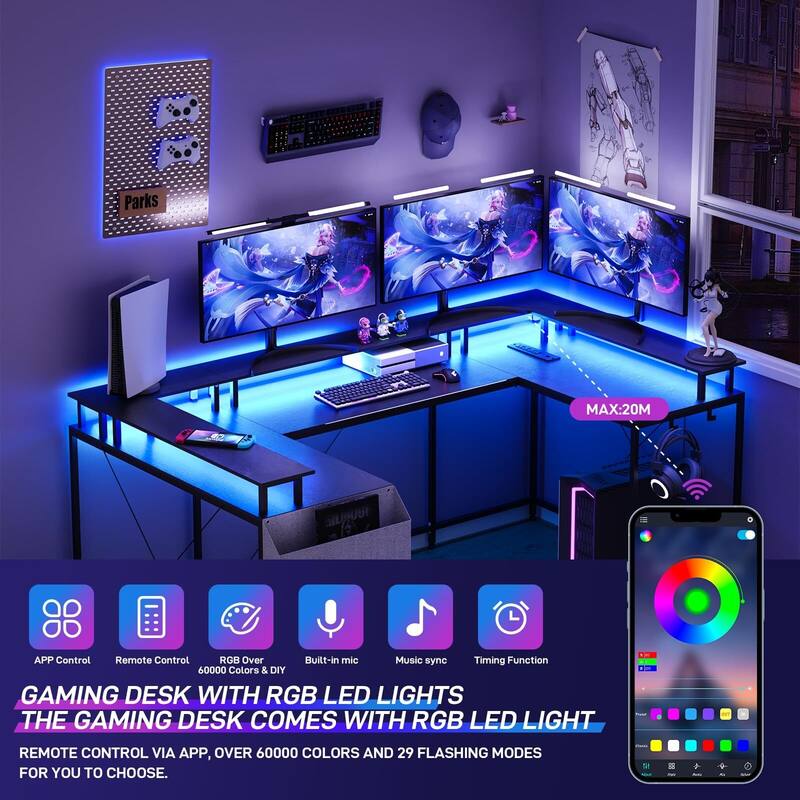 79" U Shaped Computer Desk with Power Outlets,Storage Bag, Hooks