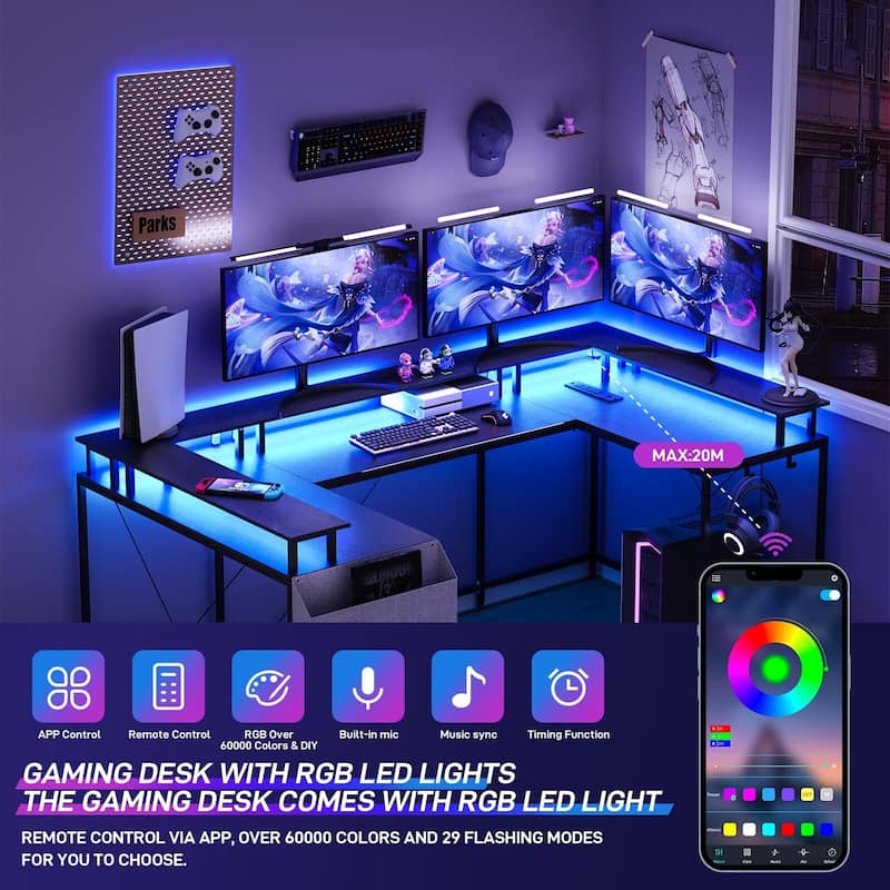 79" U Shaped Gaming Desk with Monitor Stand and LED Lights