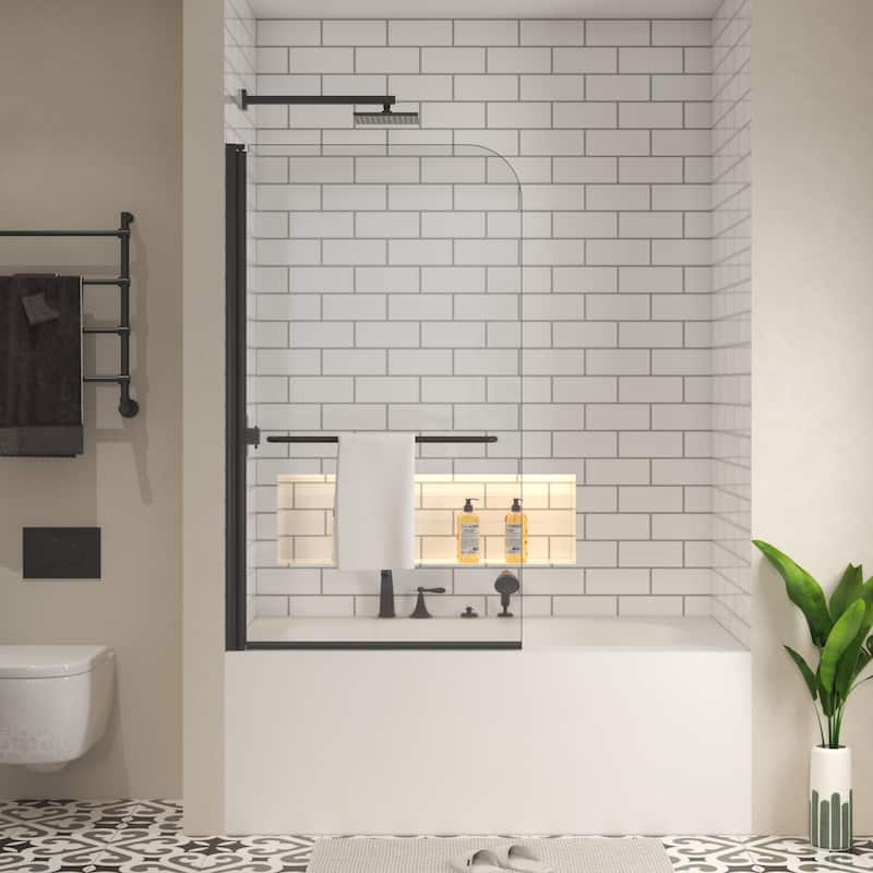 Modland Bathtub Pivot Shower Screen, 180 Swing, 1/4" Tempered Glass & Towel Bar, Chrome/Matte Black - 34x58