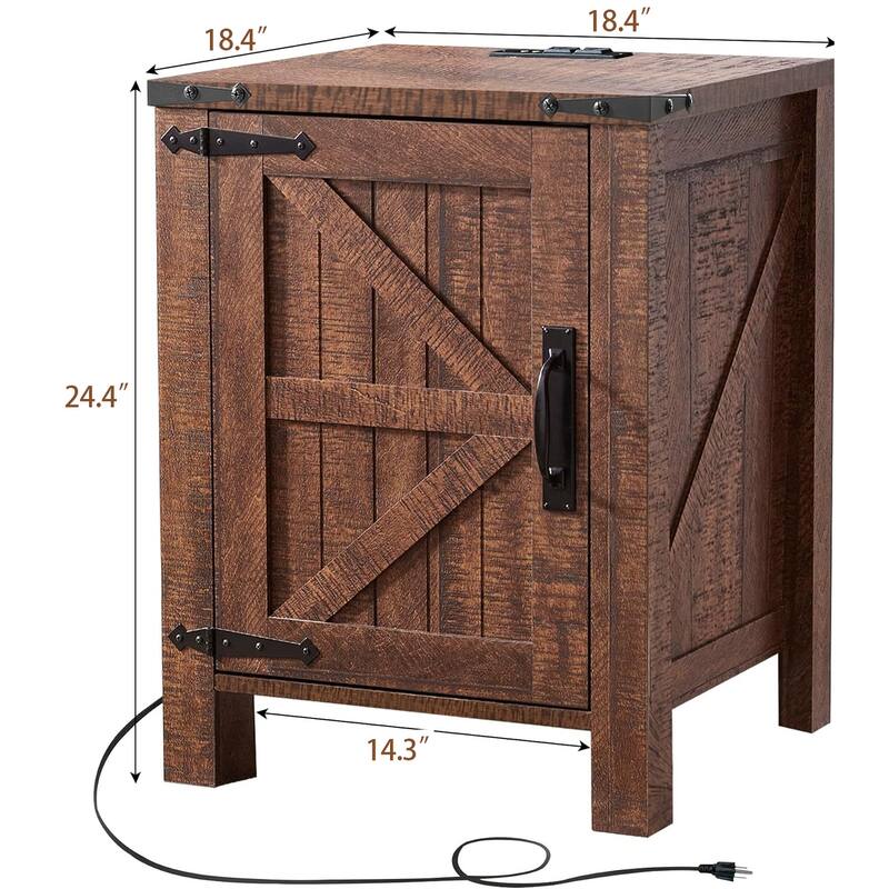 Farmhouse Wood Nightstand with Charging Station, End Table, Side Table