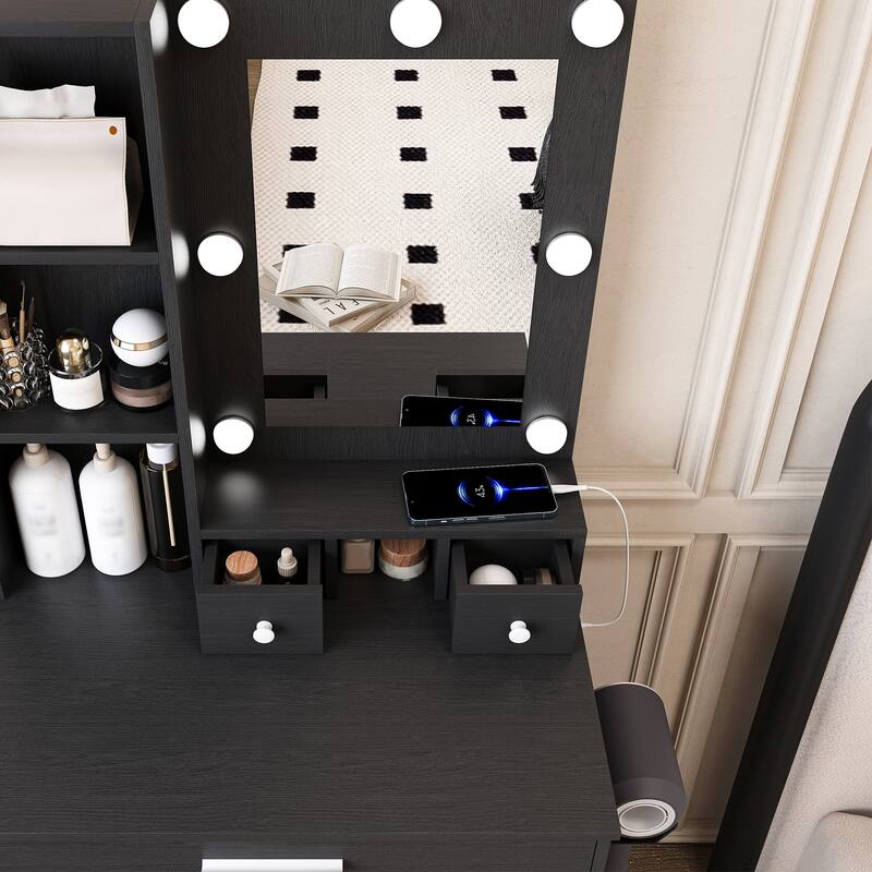 Compact Vanity Table Makeup Vanity Desk Set with Stool, Power Outlet & Hairdryer Holder