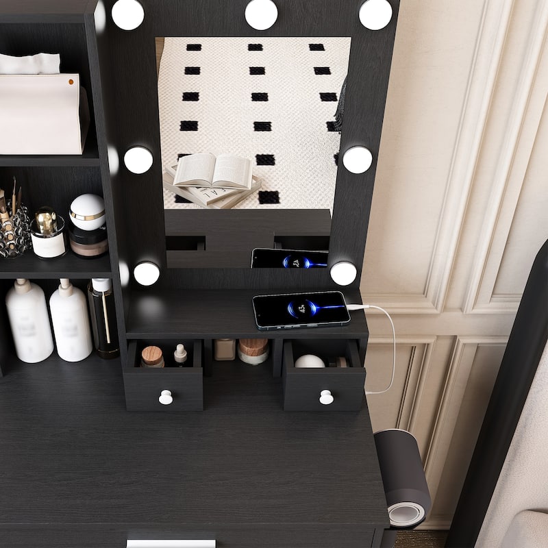 Vanity Desk with Mirror & LED Lights, Makeup Table with Power Outlet, Hairdryer Holder & Stool, Compact Dressing Table Set