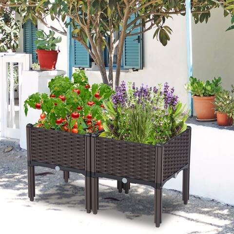 Kinbor 2-Piece Rattan Flower Planter Box Set,Raised Garden Bed w/ Legs, Compact Footprint, and Self-Watering Design