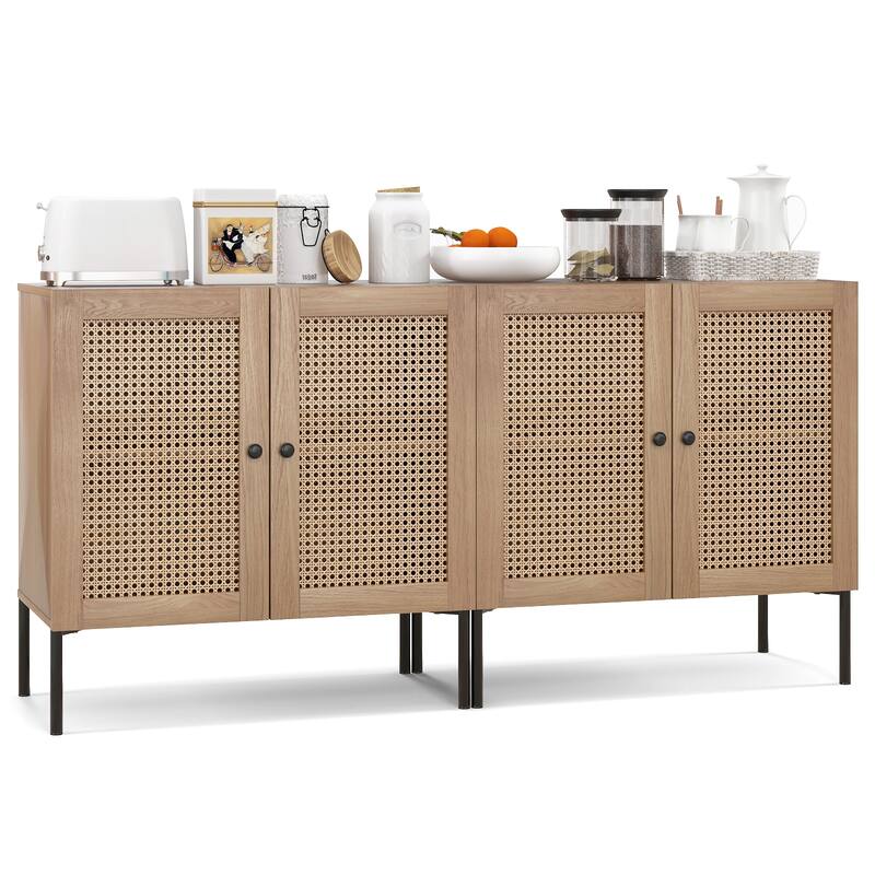 Costway Set of 2 Rattan Buffet Sideboard Wine Cabinet Cupboard - See Details - Oak
