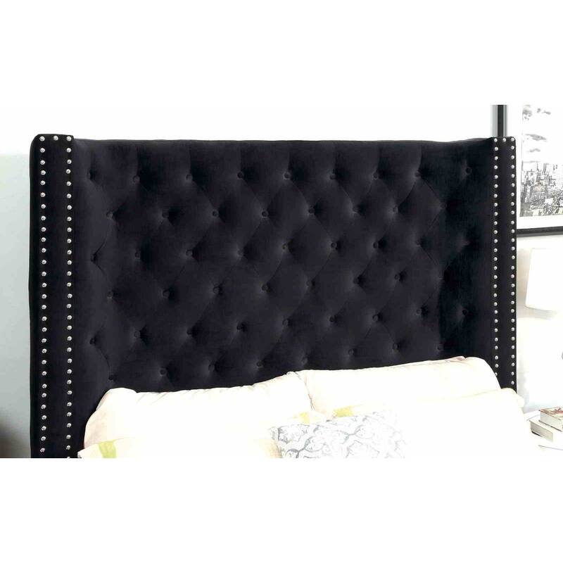 Black Finish 1pc Wingback Button Tufted Royal Bed
