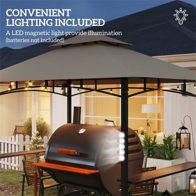 Khaki Double Roof Grill Gazebo with Shelves Hooks and Lights for Outdoor BBQ Cooking Station - 95.7" L x 58.3" W x 97.6" H