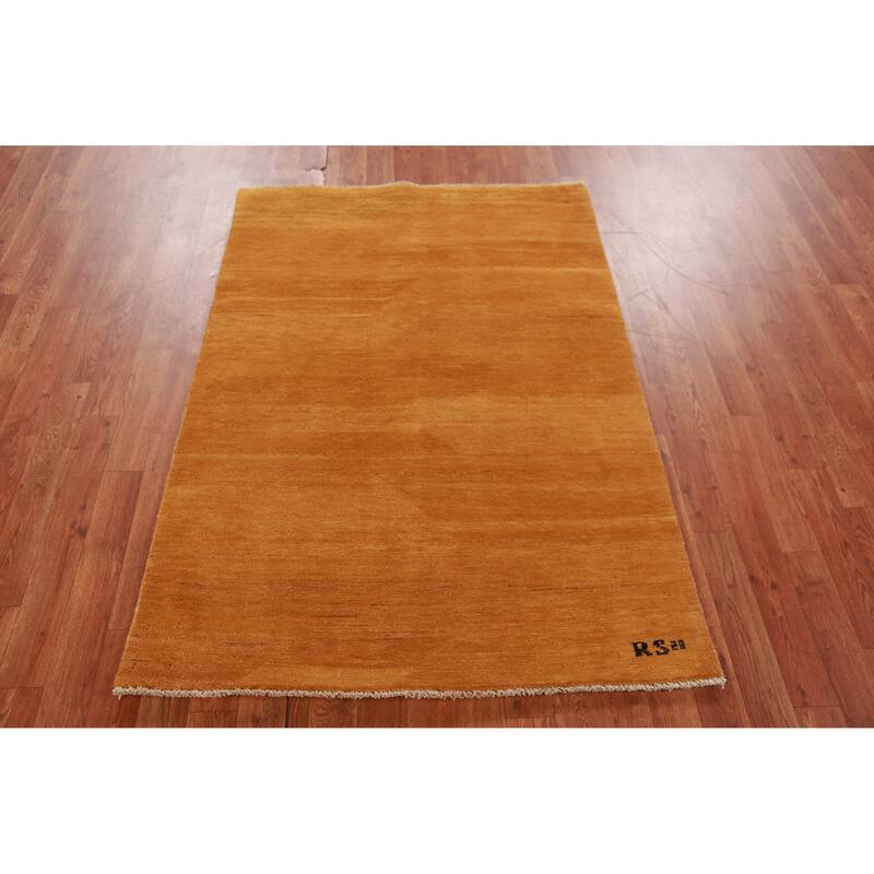 Yellow Gold Modern Gabbeh Oriental Rug Hand-Knotted Wool Carpet - 3'5" x 4'10"