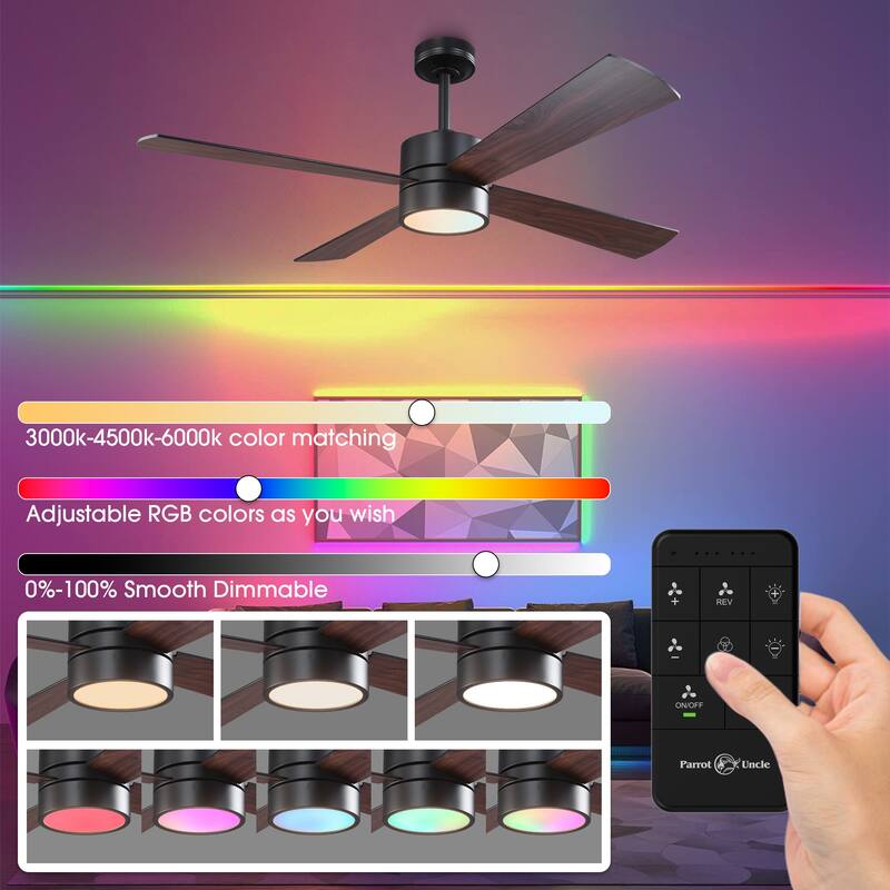 52" Black/ Distressed Brass Smart Dimmable RGB Ceiling Fan with Remote and App Control