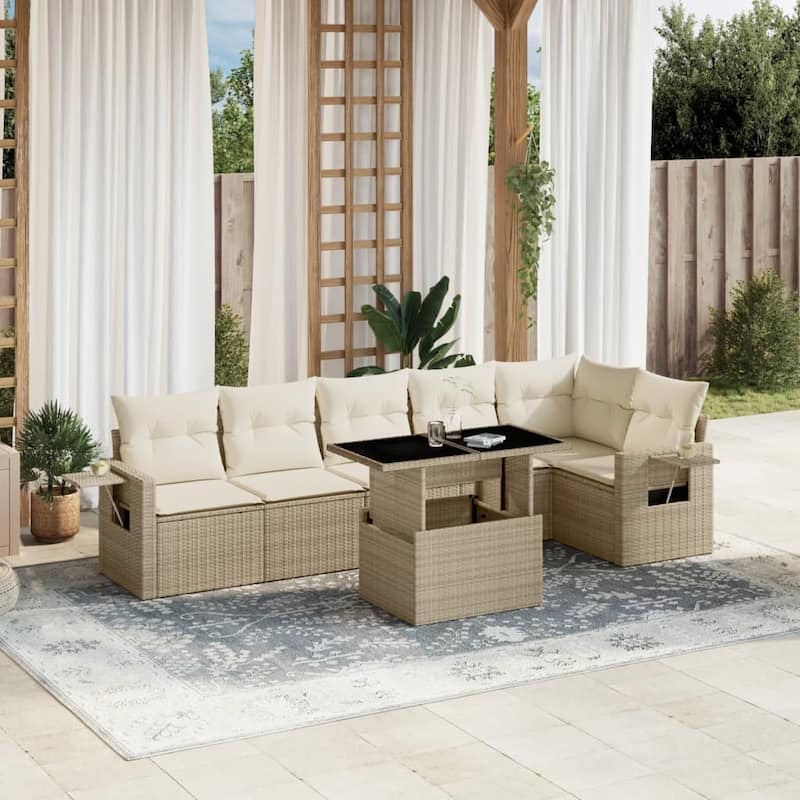 vidaXL Patio Sofa Set with Cushions Outdoor Furniture 7 Piece Poly Rattan - 21.7 x 39.4 x 28.7 - Beige and Cream