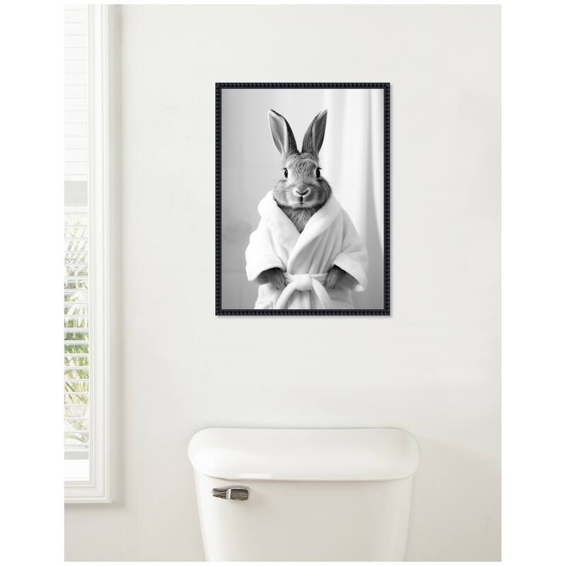 Kate and Laurel Sylvie Bunny Bathroom Art Towel Robe Black and White Framed Canvas by The Creative Bunch Studio
