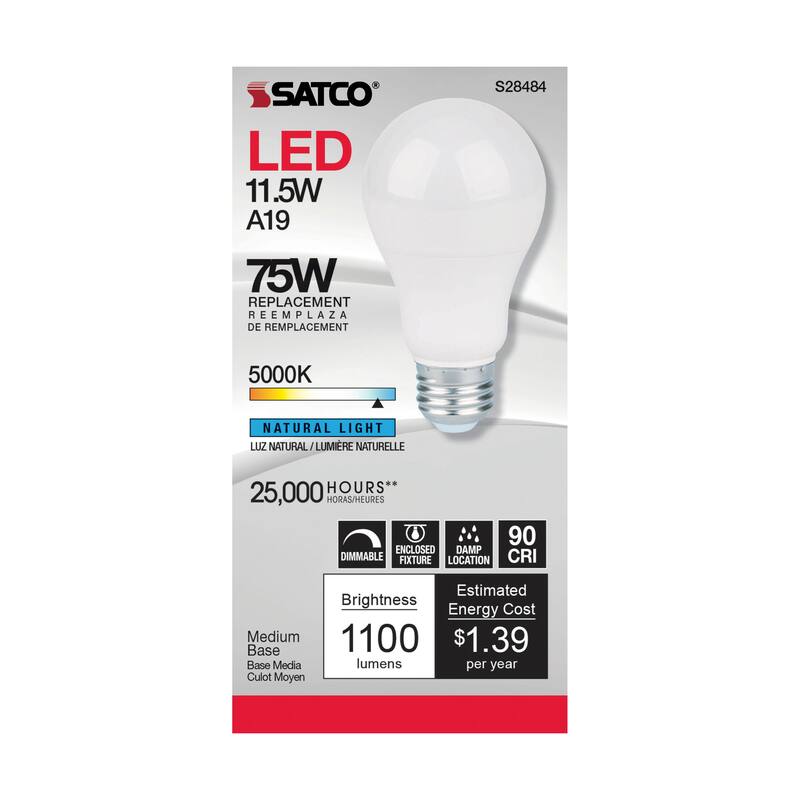 11.5 Watt A19 LED 90CRI 5000K Medium base 220 deg. Beam Angle 120 Volt 1100 Lumens CEC - White