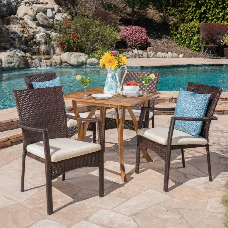 Ferris Acacia Wood and Wicker 5-piece Dining Set by Christopher Knight Home - Brown/Cream/Teak