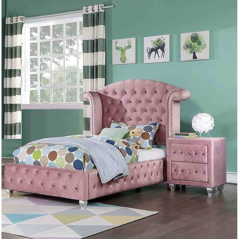 Glam Pink Upholstered 4Pc Bedroom Furniture Set with Crystal Button Tufting