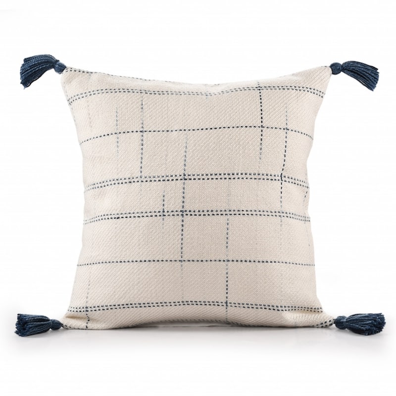 20" Ivory and Blue Throw Pillow
