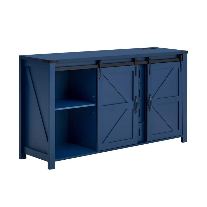 Farmhouse 55.1" Sideboard with Sliding Barn Doors and Storage Drawers, Wood Buffet Table with Power Outlet