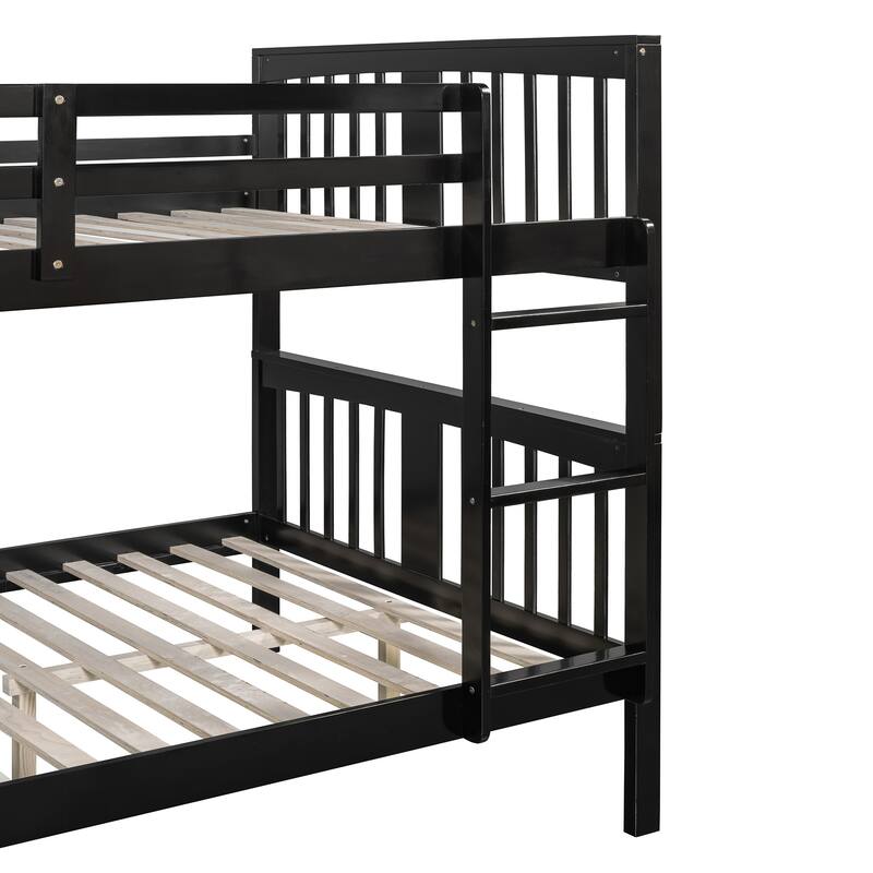 Full over Full Bunk Bed with Ladder, Espresso, No Box Spring Needed, Solid Pine Wood Construction