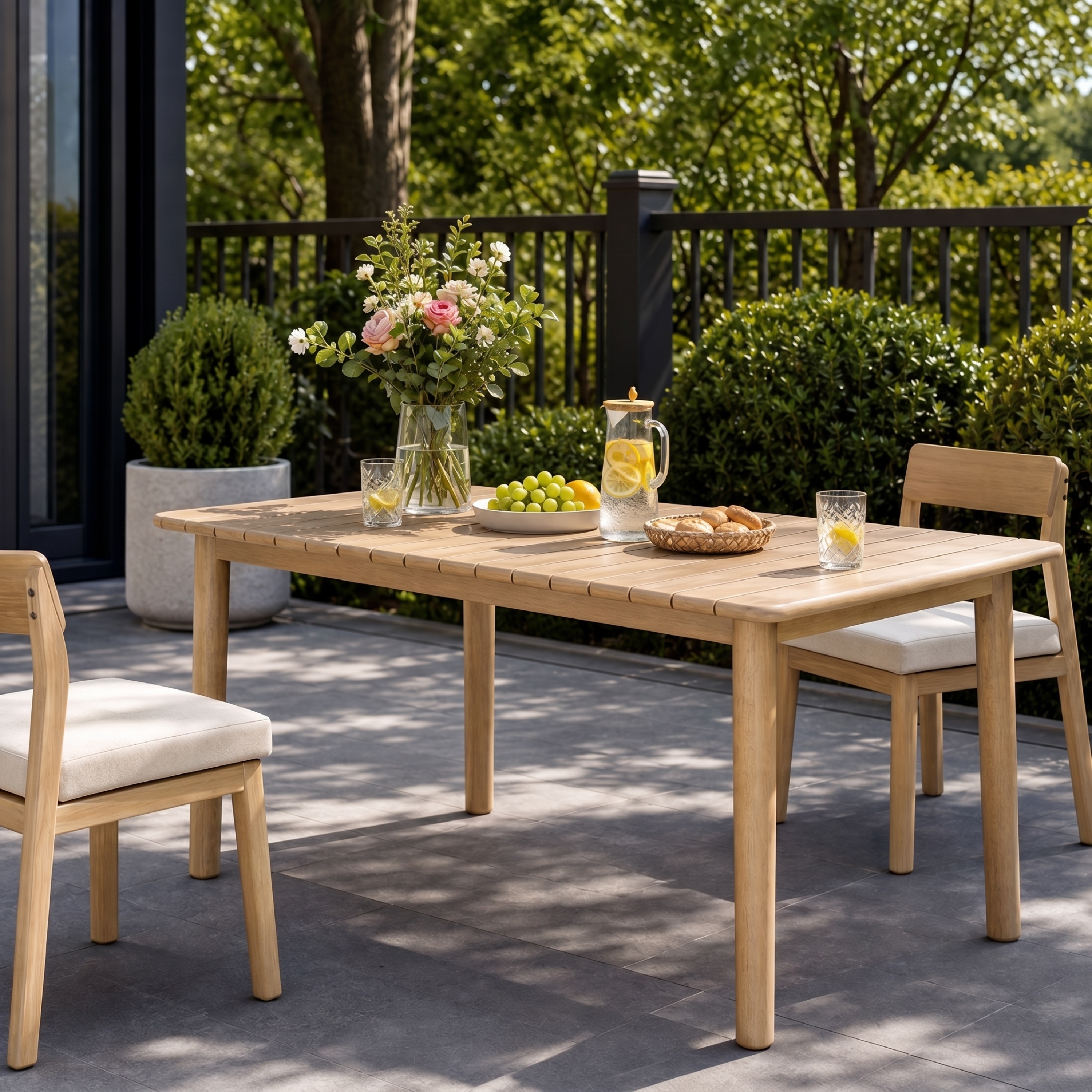 Christopher Knight Home - Novel Outdoor Expandable Dining Table, Solid Acacia Wood Cylindrical Legs & Slatted Drainage Tabletop