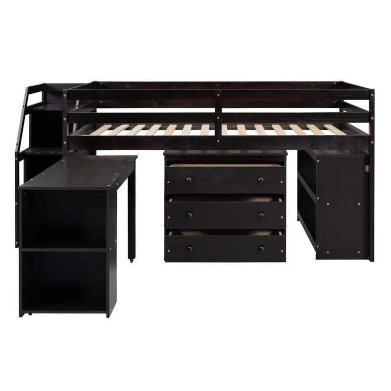 Loft Bed with Retractable Desk Drawers Shelf Staircase Full Size
