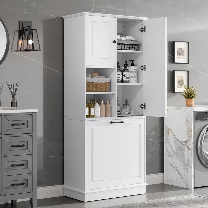 GDF Studio - Tommy Modern MDF Tall Storage Cabinet with Adjustable Shelves and Large Flip-Out Basket