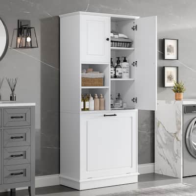 Tall Storage Cabinet with Adjustable Shelves, Flip-Out Basket & Enclosed Doors