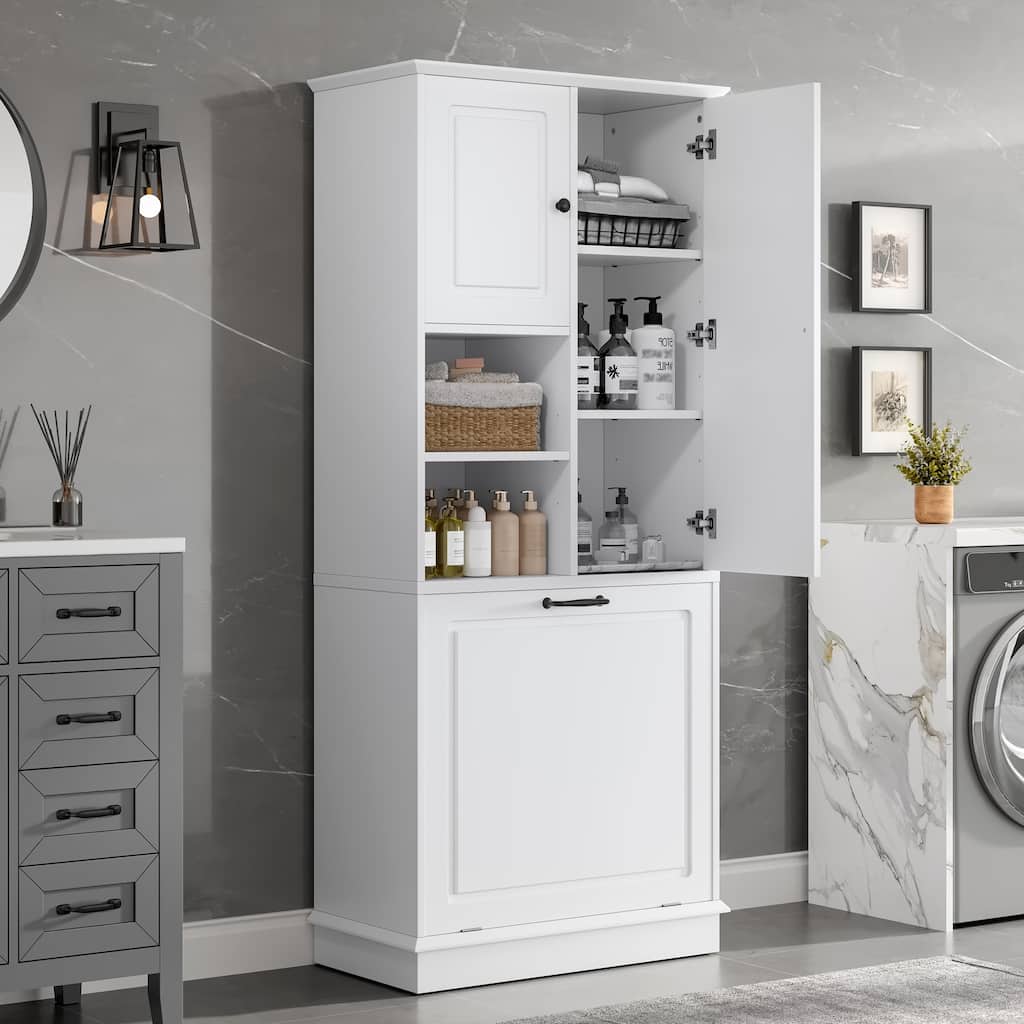 Tall Storage Cabinet with Adjustable Shelves, Flip-Out Basket & Enclosed Doors