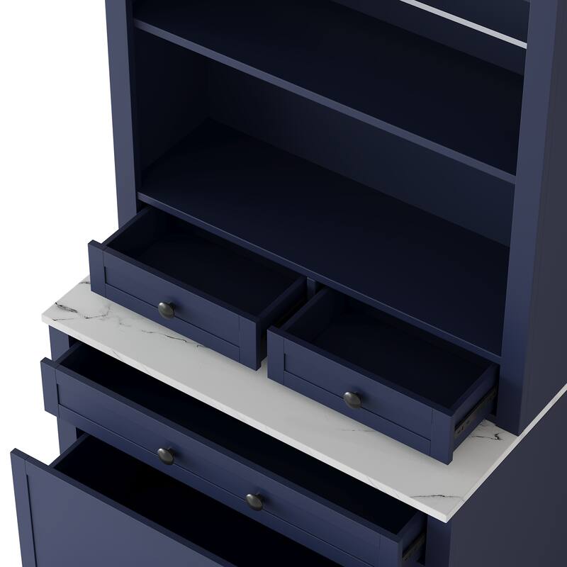 Tall Kitchen Pantry Cabinet, Storage Cabinet with Faux Marble Top, Freestanding Kitchen Hutch with 5 Drawers & Adjustable Shelf